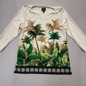 JMCollection Shirt Women M White Tropical Palm Print 3/4 Sleeve Textured stretch
